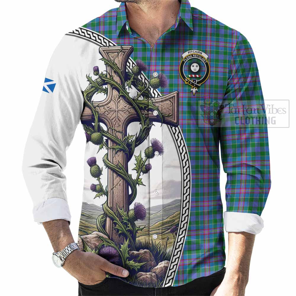 Pitcairn Tartan Long Sleeve Button Shirt with Family Crest and St. Andrew's Cross Accented by Thistle Vines - Tartan Vibes Clothing