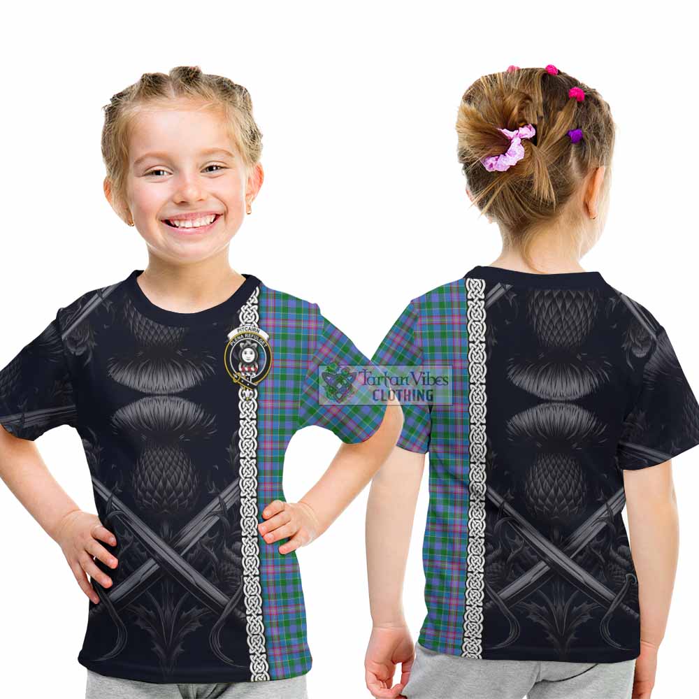 Pitcairn Tartan Kid T-Shirt with Family Crest Cross Sword Thistle Celtic Vibes - Tartan Vibes Clothing