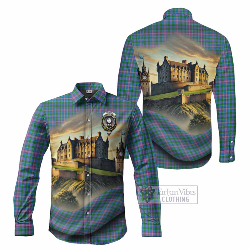 Tartan Vibes Clothing Pitcairn Tartan Family Crest Long Sleeve Button Shirt with Scottish Ancient Castle Style