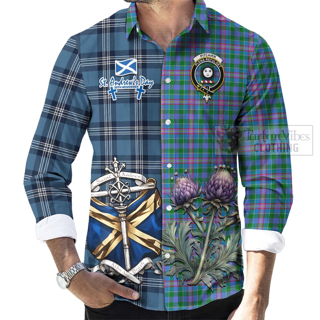 Pitcairn Tartan Long Sleeve Button Shirt Happy St. Andrew's Day Half Tartan Style - Tartan Vibes Clothing