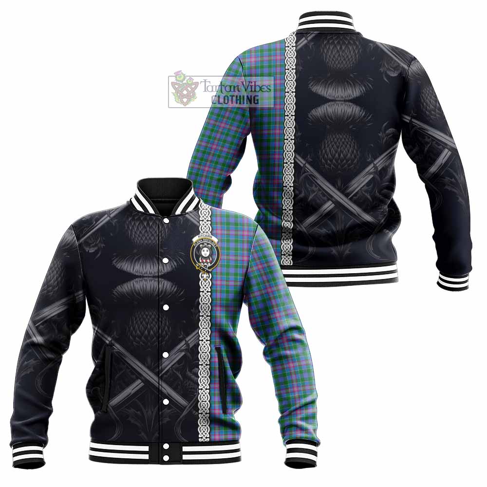 Pitcairn Tartan Baseball Jacket with Family Crest Cross Sword Thistle Celtic Vibes - Tartan Vibes Clothing