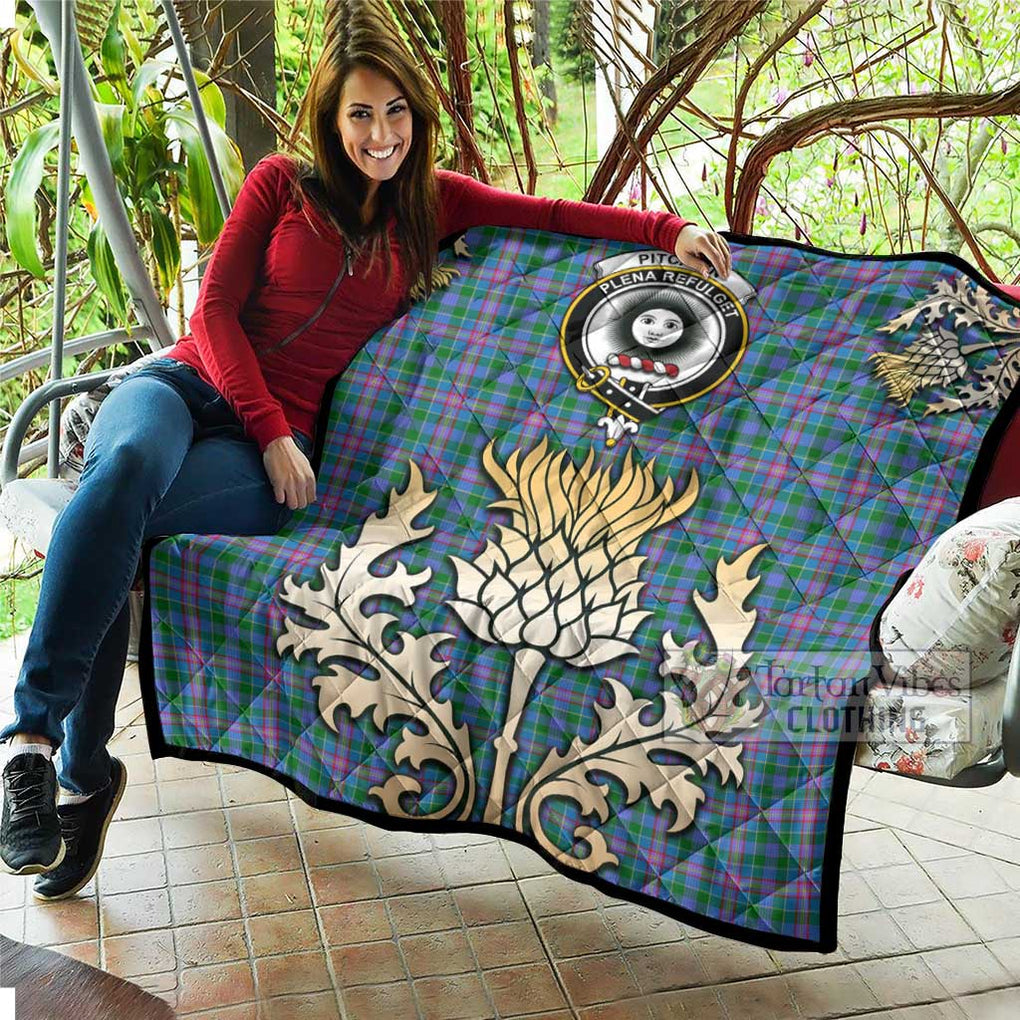 Tartan Vibes Clothing Pitcairn Tartan Quilt with Family Crest and Golden Thistle Style