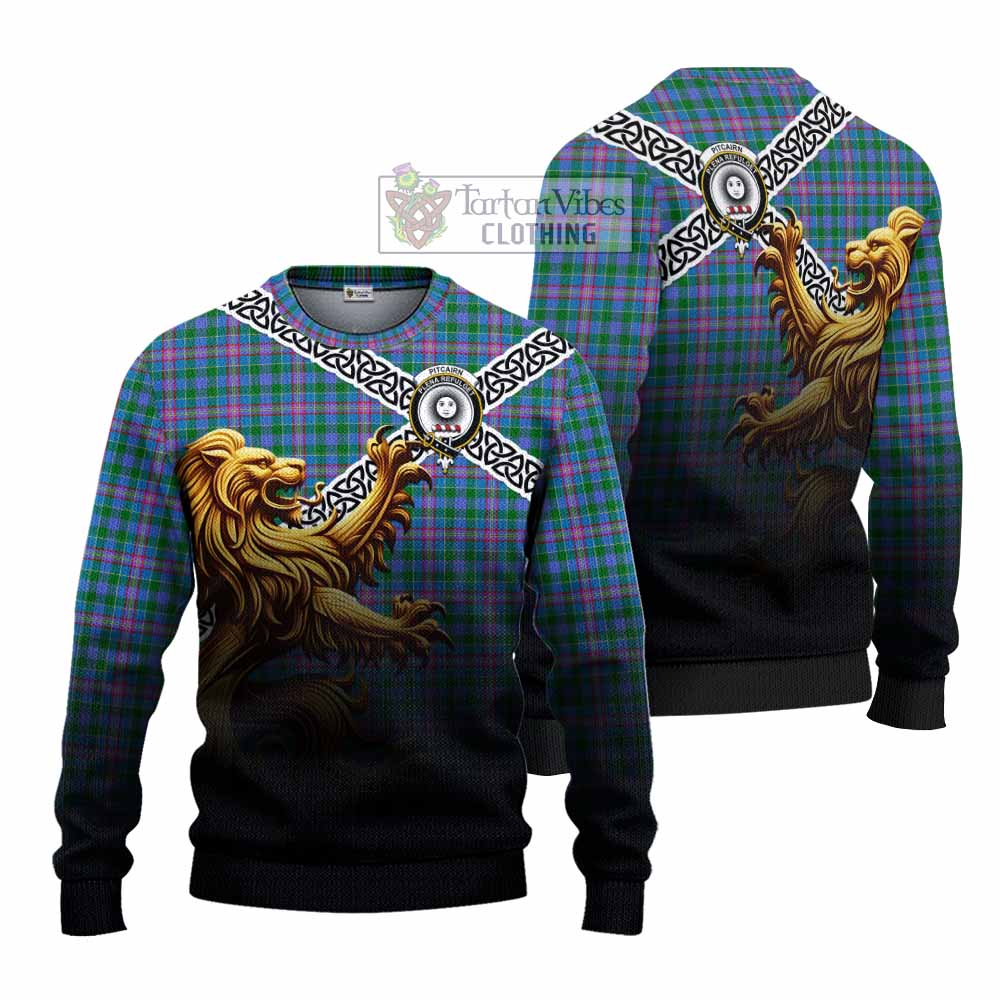 Pitcairn Crest Tartan Knitted Sweater with Golden Lion Emblem Celtic Style - Tartan Vibes Clothing