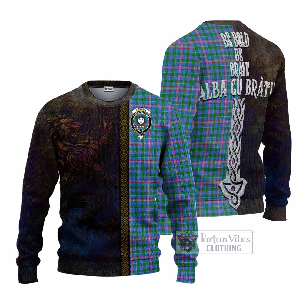 Pitcairn Tartan Family Crest Knitted Sweater Alba Gu Brath Be Brave Lion Ancient Style - Tartan Vibes Clothing