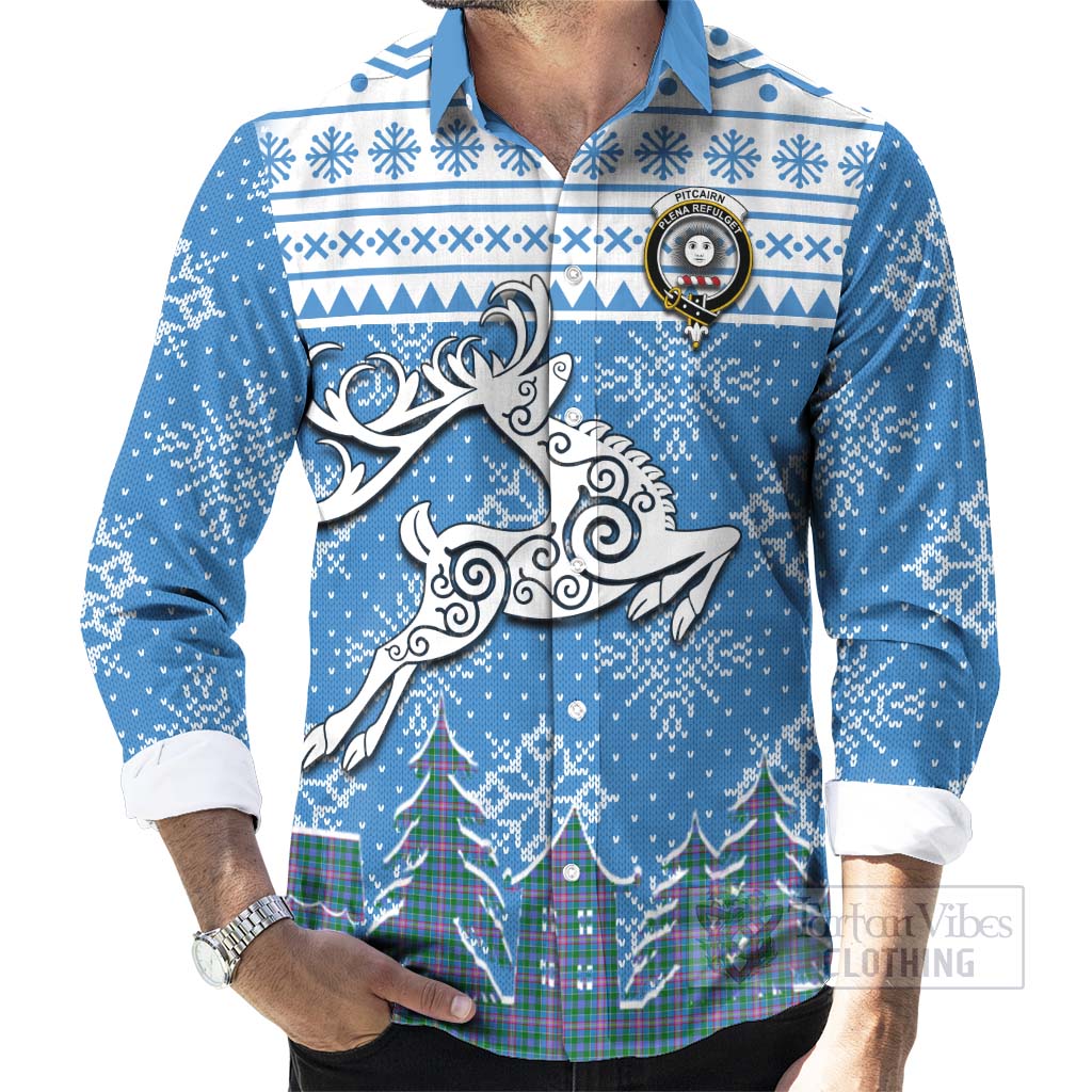 Pitcairn Clan Christmas Long Sleeve Button Shirt Celtic Reindeer Style - Tartan Vibes Clothing