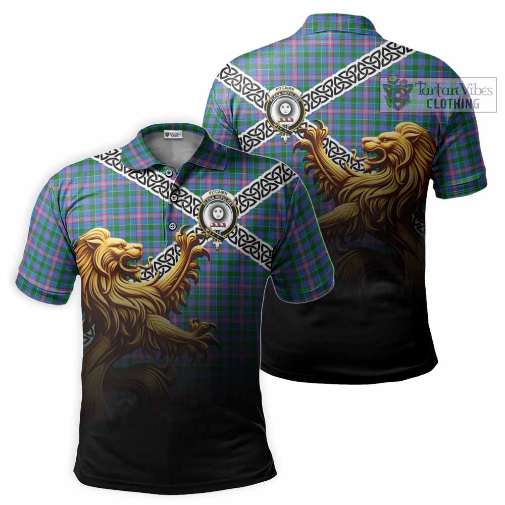 Pitcairn Crest Tartan Polo Shirt with Golden Lion Emblem Celtic Style - Tartan Vibes Clothing