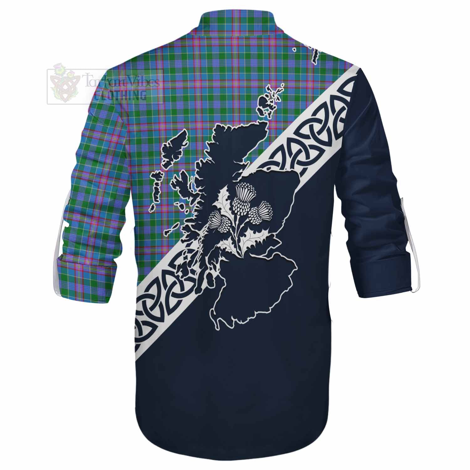 Pitcairn Tartan Ghillie Kilt Shirt Featuring Thistle and Scotland Map - Tartan Vibes Clothing