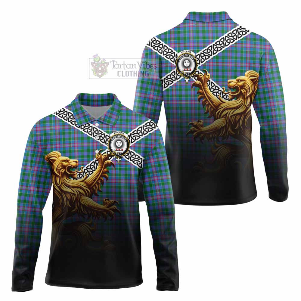 Pitcairn Crest Tartan Long Sleeve Polo Shirt with Golden Lion Emblem Celtic Style - Tartan Vibes Clothing