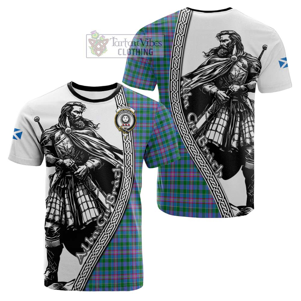 Pitcairn Tartan Clan Crest Cotton T-shirt with Highlander Warrior Celtic Style - Tartan Vibes Clothing