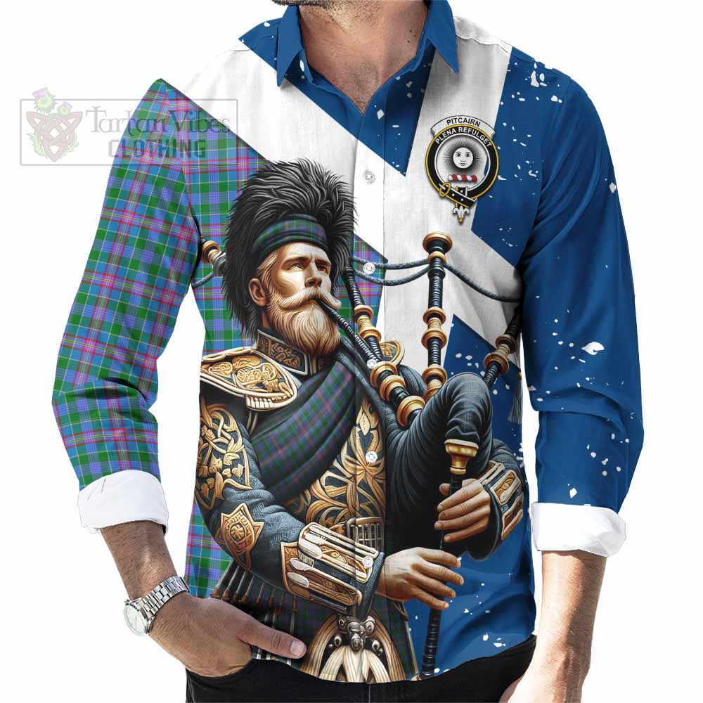 Pitcairn Tartan Long Sleeve Button Shirt with Family Crest Scottish Bagpiper Vibes - Tartan Vibes Clothing