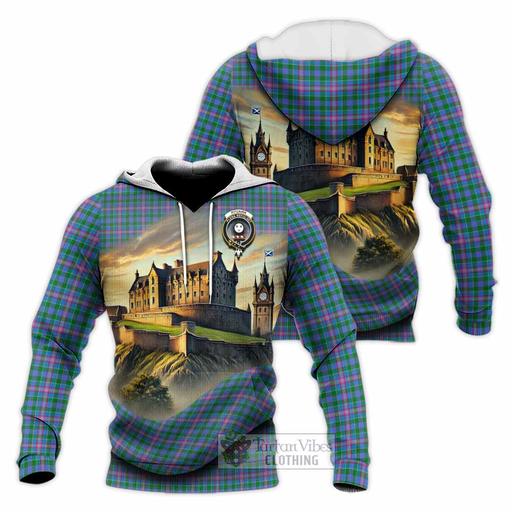 Pitcairn Tartan Family Crest Knitted Hoodie with Scottish Ancient Castle Style - Tartan Vibes Clothing