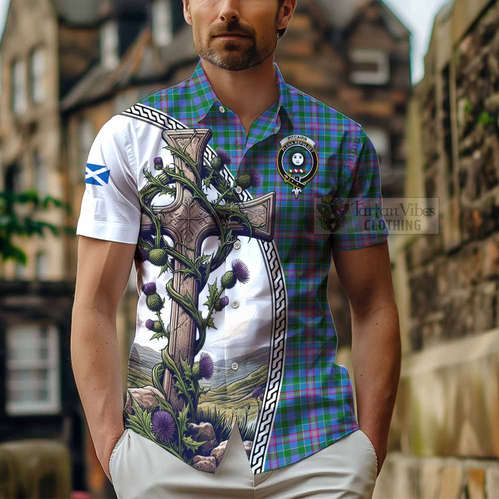 Pitcairn Tartan Hawaiian Shirt with Family Crest and St. Andrew's Cross Accented by Thistle Vines - Tartan Vibes Clothing