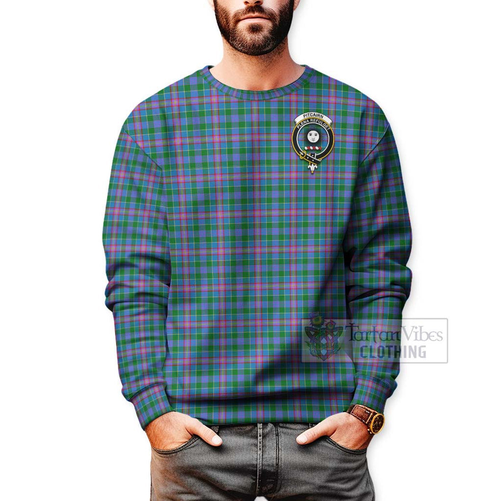 Pitcairn Tartan Sweatshirt with Family Crest and Bearded Skull Holding Bottles of Whiskey - Tartan Vibes Clothing