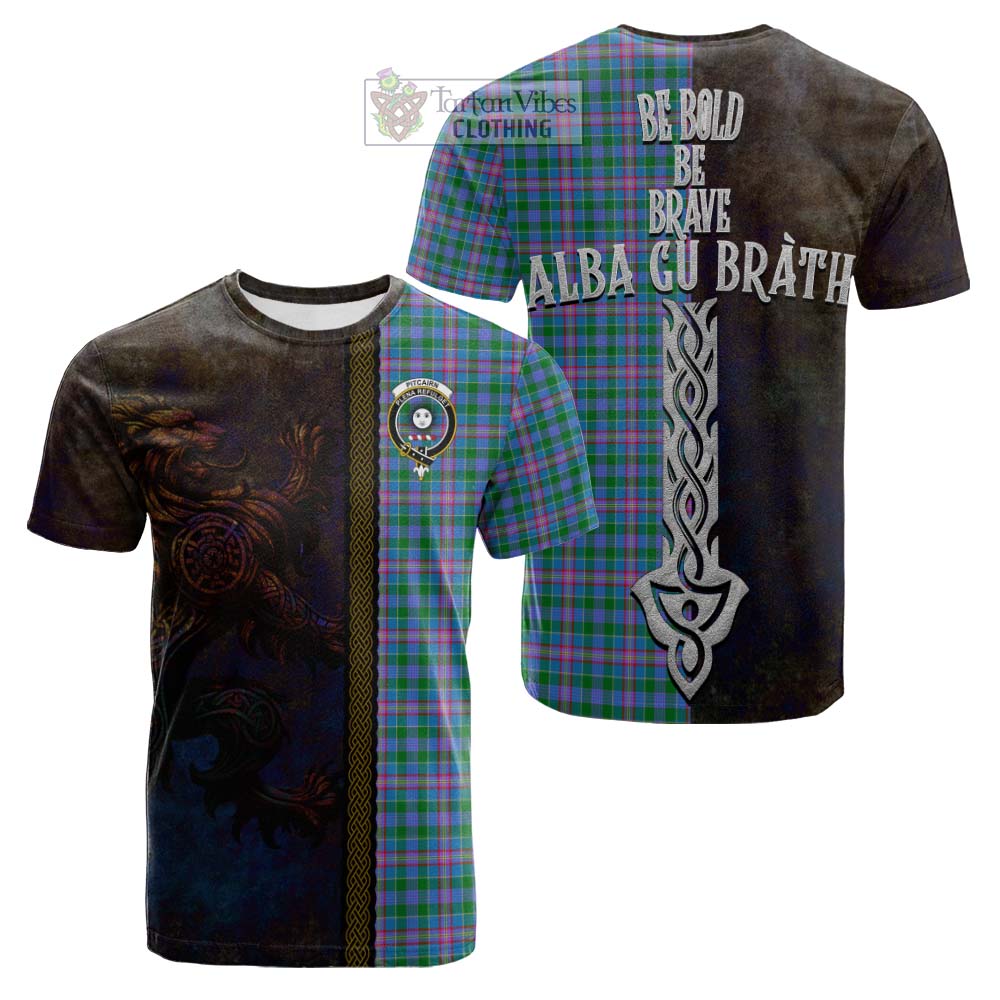Pitcairn Tartan Family Crest Cotton T-shirt Alba Gu Brath Be Brave Lion Ancient Style - Tartan Vibes Clothing