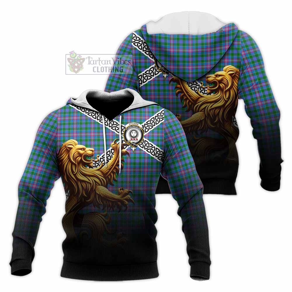Pitcairn Crest Tartan Knitted Hoodie with Golden Lion Emblem Celtic Style - Tartan Vibes Clothing