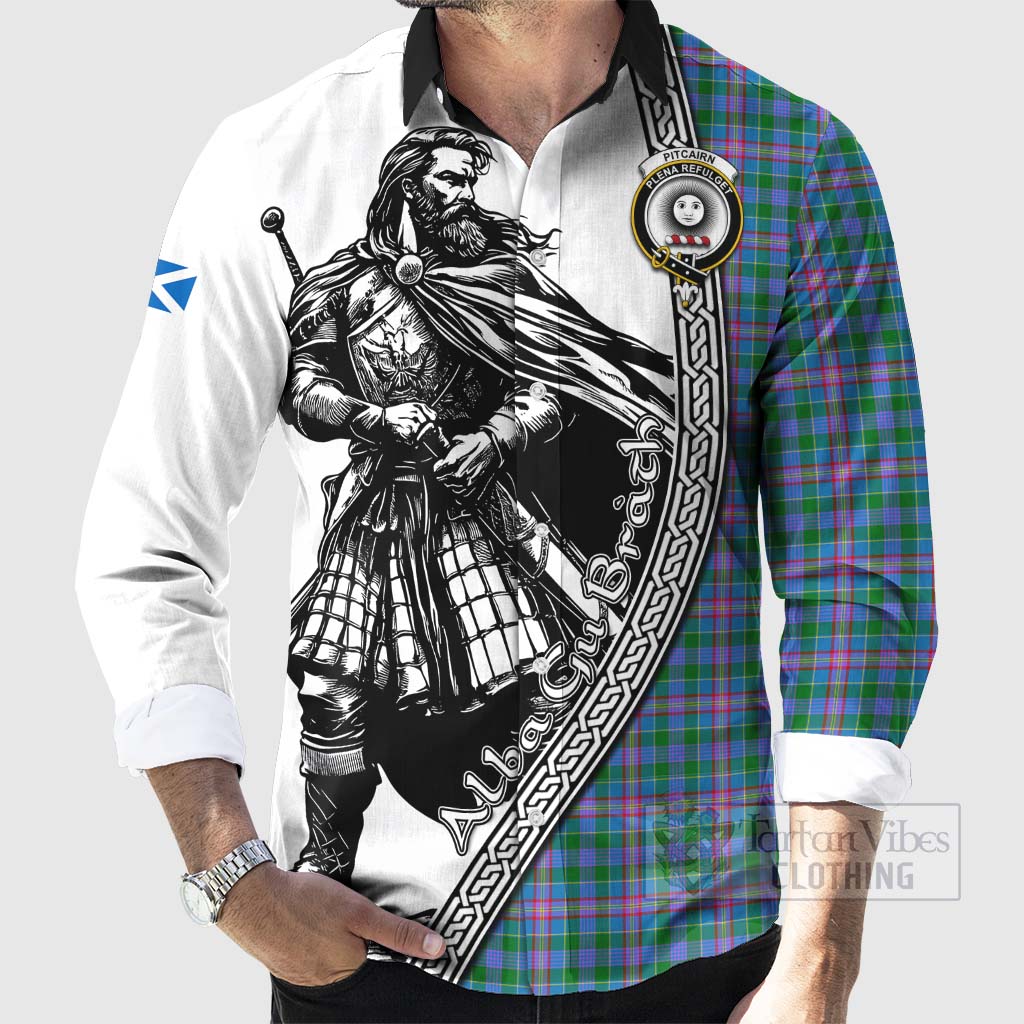 Pitcairn Tartan Clan Crest Long Sleeve Button Shirt with Highlander Warrior Celtic Style - Tartan Vibes Clothing