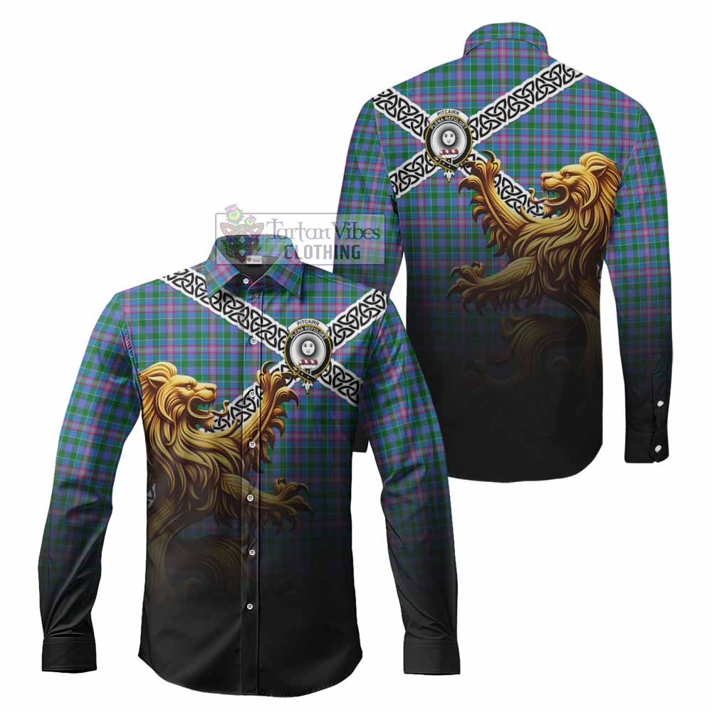 Pitcairn Crest Tartan Long Sleeve Button Shirt with Golden Lion Emblem Celtic Style - Tartan Vibes Clothing