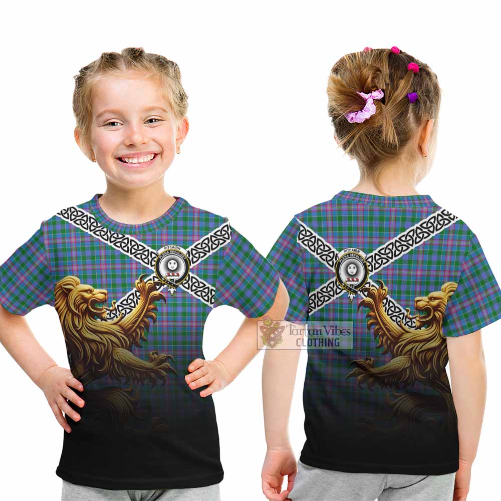 Pitcairn Crest Tartan Kid T-Shirt with Golden Lion Emblem Celtic Style - Tartan Vibes Clothing