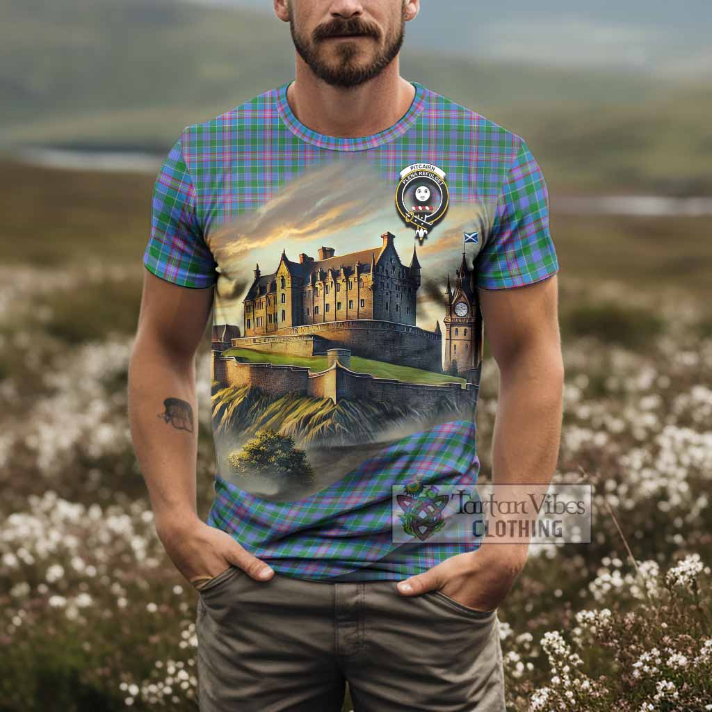 Pitcairn Tartan Family Crest T-Shirt with Scottish Ancient Castle Style - Tartan Vibes Clothing