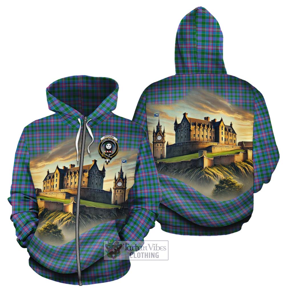 Pitcairn Tartan Family Crest Cotton Hoodie with Scottish Ancient Castle Style Zip Hoodie - Tartan Vibes Clothing