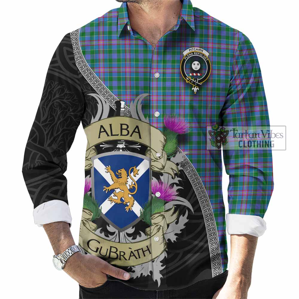 Pitcairn Tartan Family Crest Long Sleeve Button Shirt Lion Rampant Royal Thistle Shield Celtic Inspired - Tartan Vibes Clothing