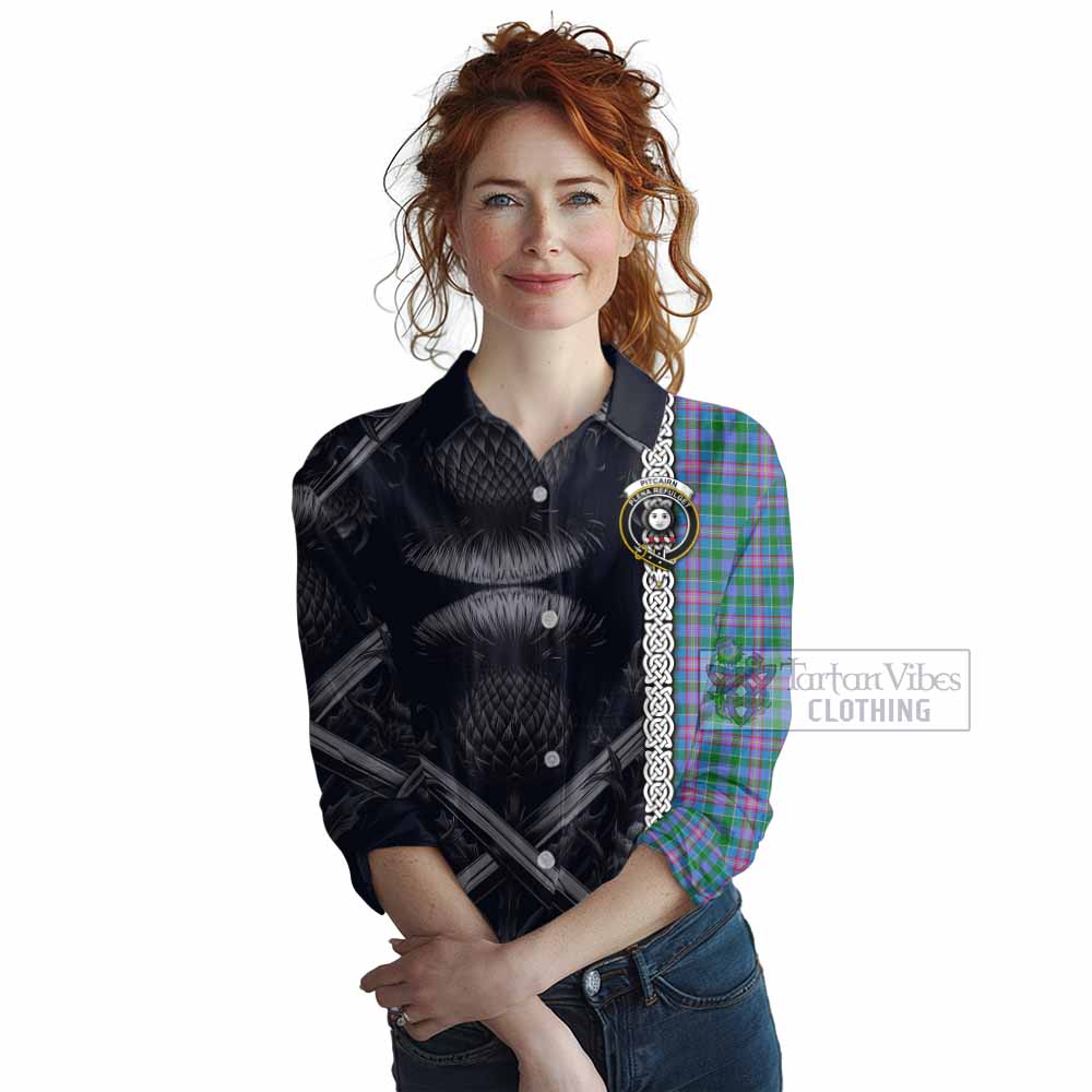 Pitcairn Tartan Women's Casual Shirt with Family Crest Cross Sword Thistle Celtic Vibes - Tartan Vibes Clothing