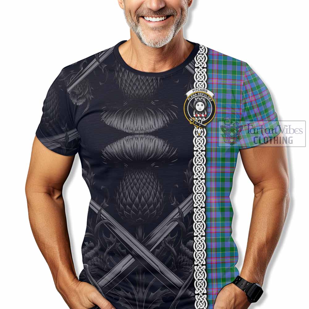 Pitcairn Tartan T-Shirt with Family Crest Cross Sword Thistle Celtic Vibes - Tartan Vibes Clothing