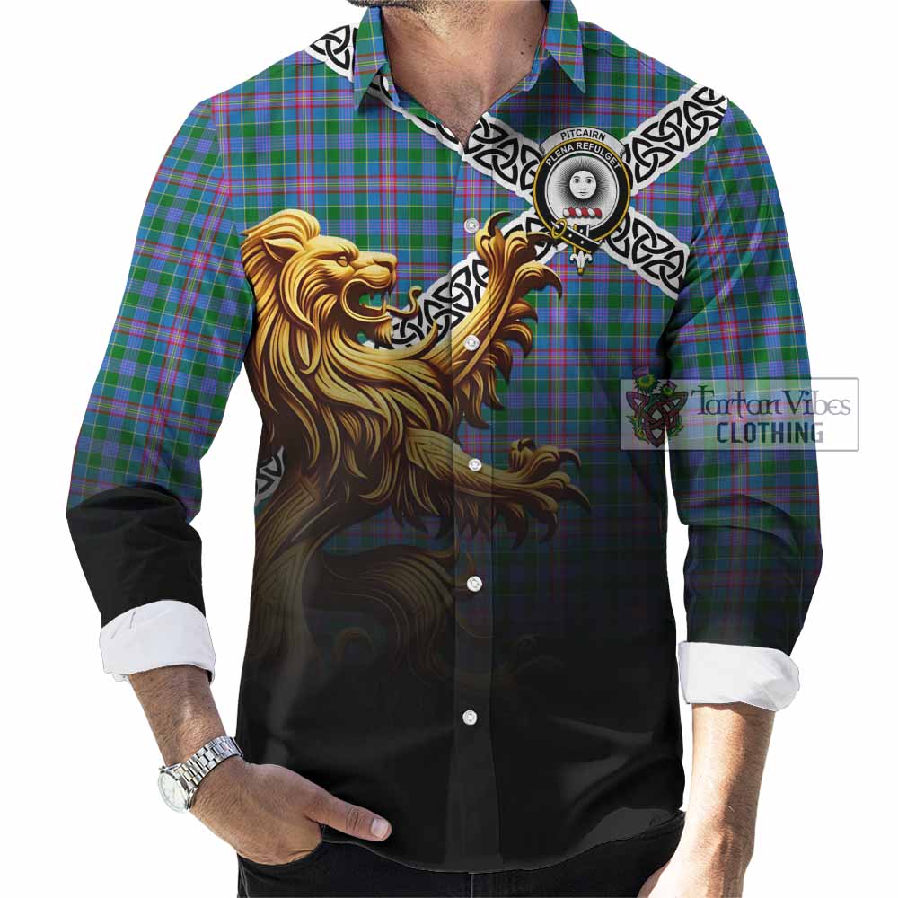 Pitcairn Crest Tartan Long Sleeve Button Shirt with Golden Lion Emblem Celtic Style - Tartan Vibes Clothing