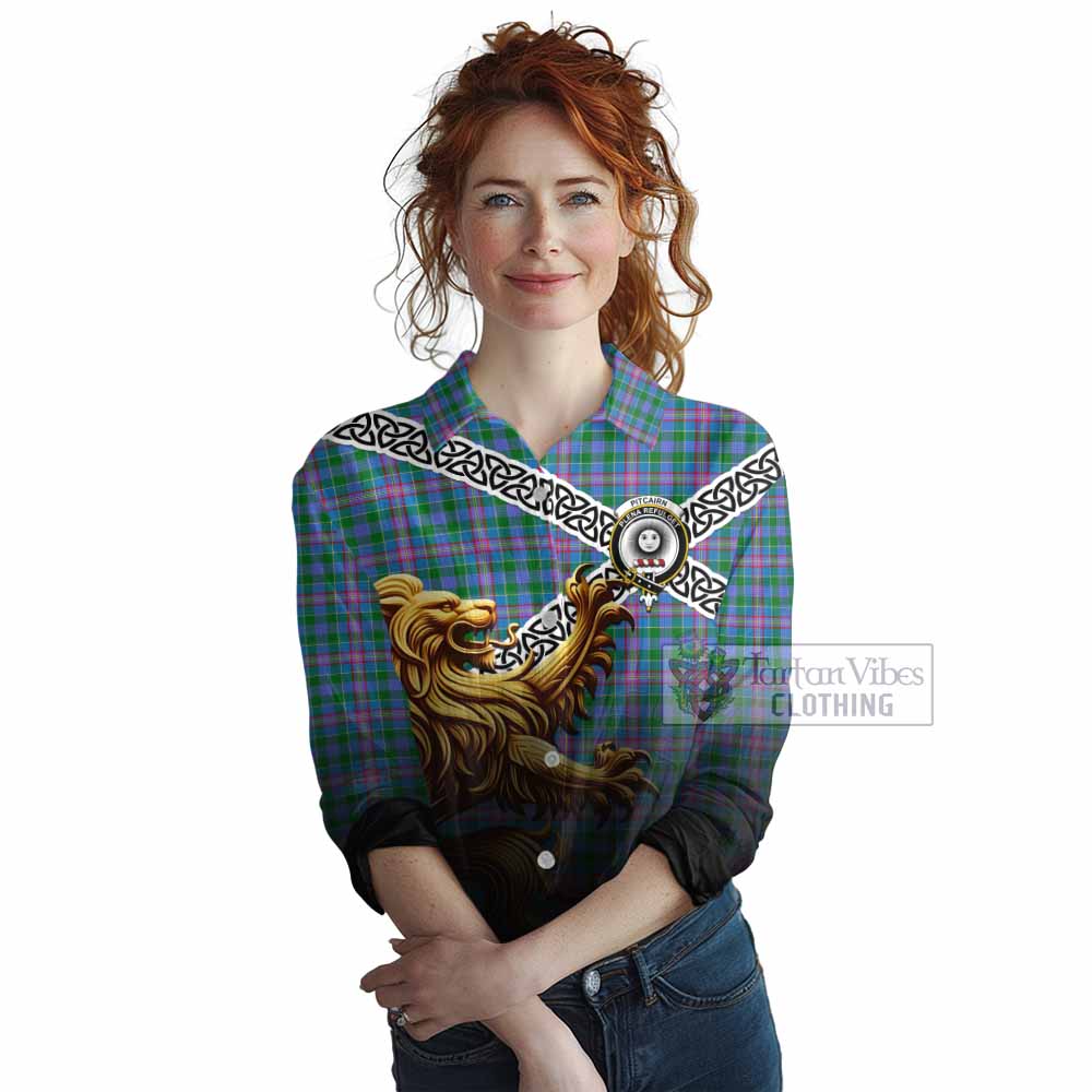 Pitcairn Crest Tartan Women's Casual Shirt with Golden Lion Emblem Celtic Style - Tartan Vibes Clothing