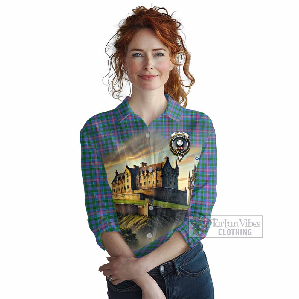 Pitcairn Tartan Family Crest Women's Casual Shirt with Scottish Ancient Castle Style - Tartan Vibes Clothing