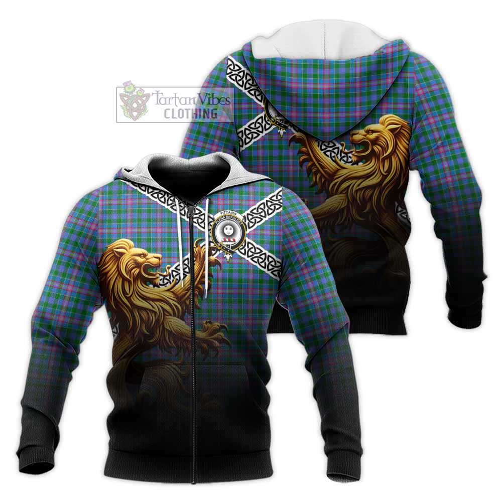Pitcairn Crest Tartan Knitted Hoodie with Golden Lion Emblem Celtic Style Unisex Knitted Zip Hoodie - Tartan Vibes Clothing