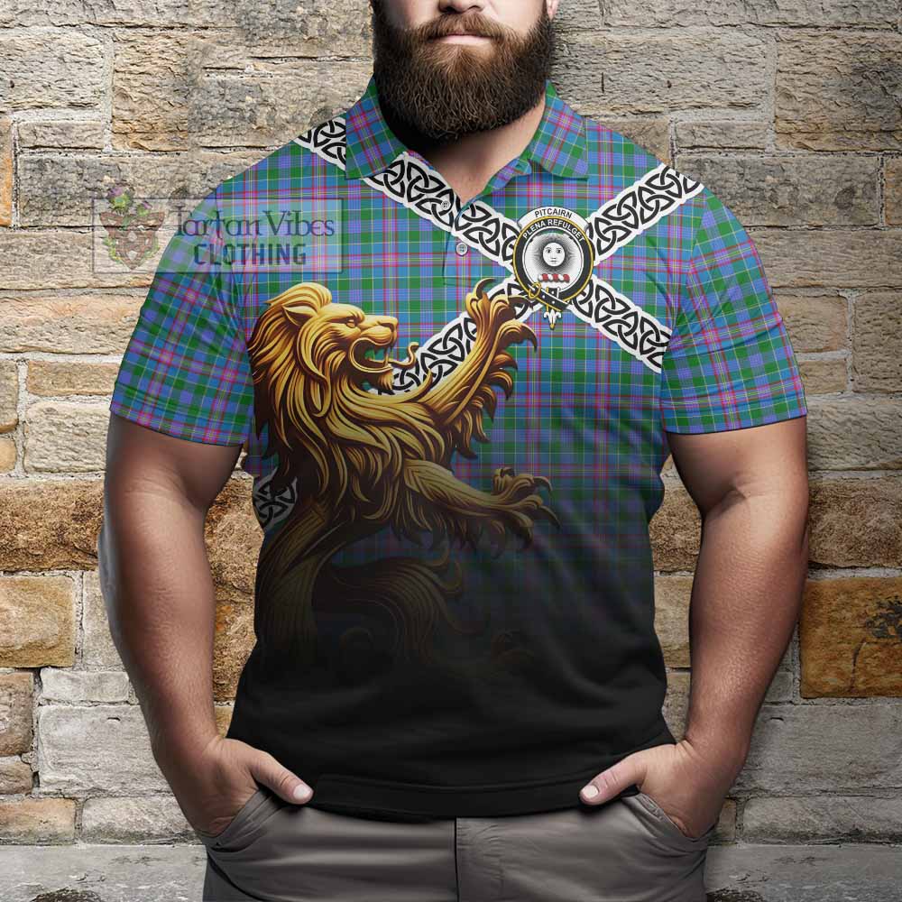 Pitcairn Crest Tartan Polo Shirt with Golden Lion Emblem Celtic Style - Tartan Vibes Clothing