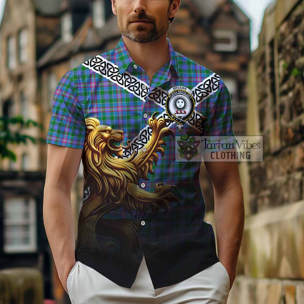 Pitcairn Crest Tartan Hawaiian Shirt with Golden Lion Emblem Celtic Style - Tartan Vibes Clothing