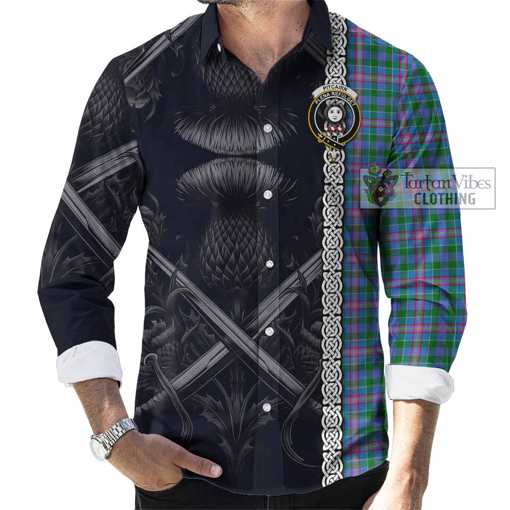 Tartan Vibes Clothing Pitcairn Tartan Long Sleeve Button Shirt with Family Crest Cross Sword Thistle Celtic Vibes