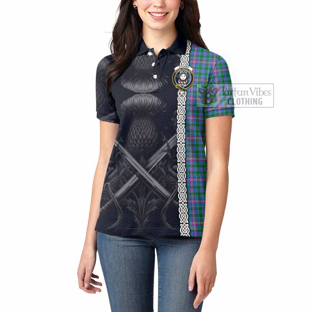 Pitcairn Tartan Women's Polo Shirt with Family Crest Cross Sword Thistle Celtic Vibes - Tartan Vibes Clothing