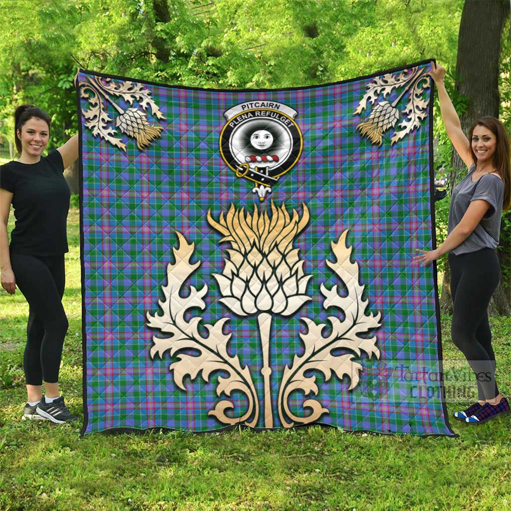 Tartan Vibes Clothing Pitcairn Tartan Quilt with Family Crest and Golden Thistle Style