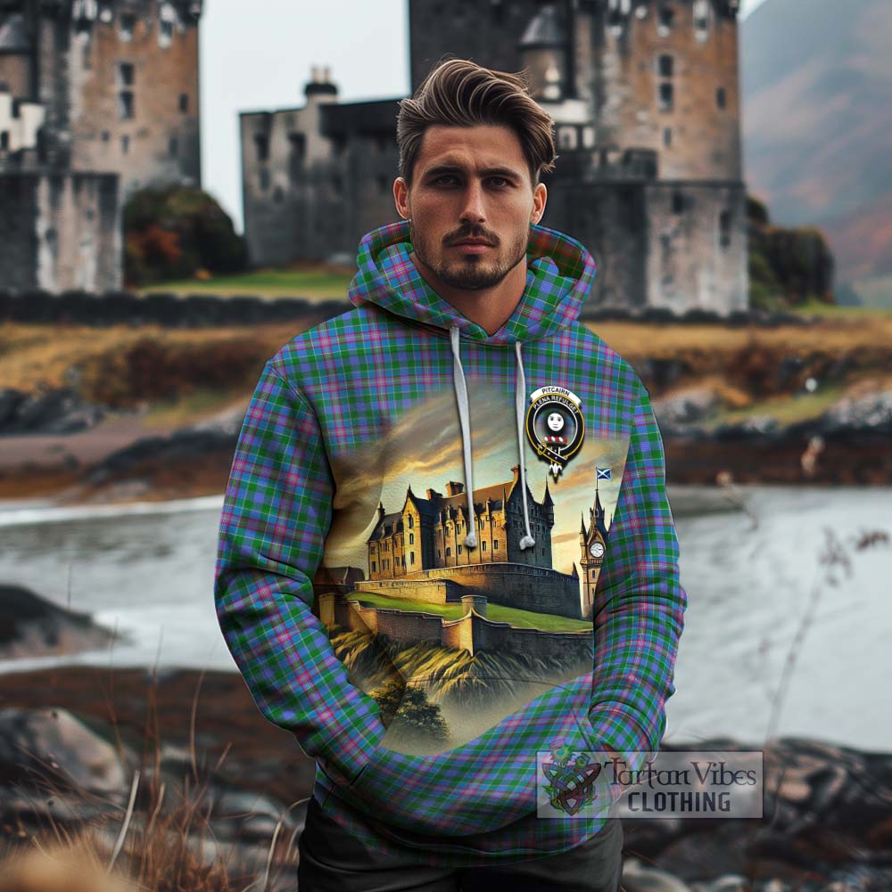 Pitcairn Tartan Family Crest Cotton Hoodie with Scottish Ancient Castle Style - Tartan Vibes Clothing
