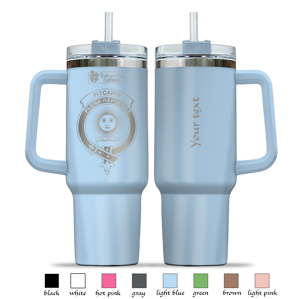 Pitcairn Clan Crest Engraved Tumbler with Handle - 2D-tartanvibesclothing