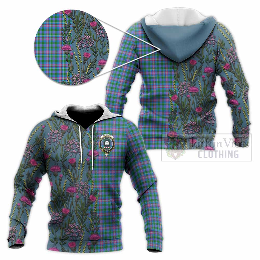 Pitcairn Family Crest Tartan Knitted Hoodie Scottish Thistle Flower Pattern Half Style - Tartan Vibes Clothing