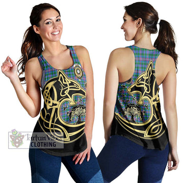 Pitcairn Tartan Women's Racerback Tanks with Family Crest Celtic Wolf Style 4XL - Tartan Vibes Clothing