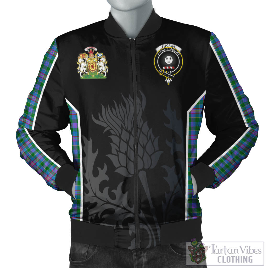 Pitcairn Tartan Bomber Jacket with Family Crest and Scottish Thistle Vibes Sport Style Unisex Black - Tartan Vibes Clothing