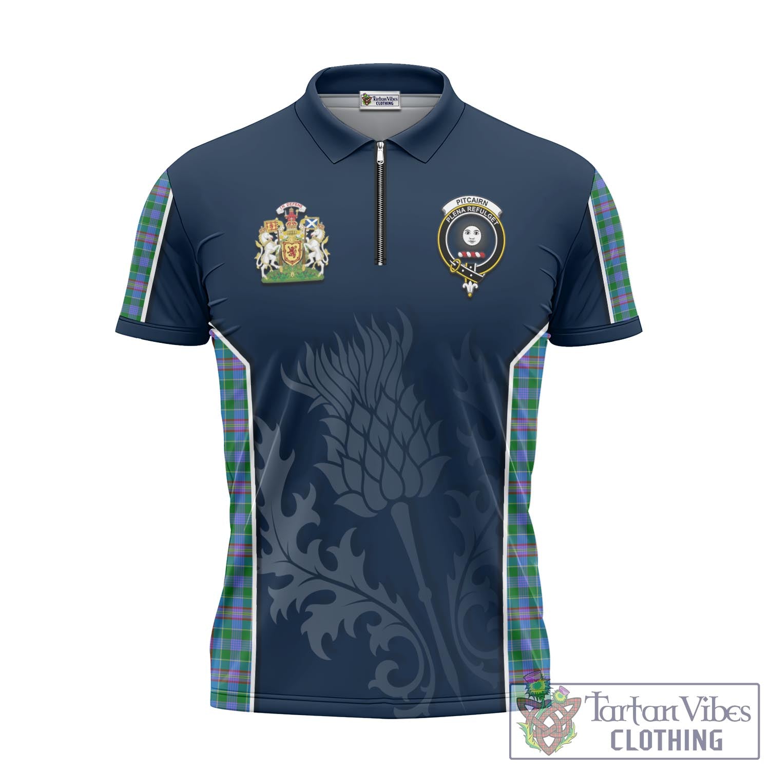 Tartan Vibes Clothing Pitcairn Hunting Tartan Zipper Polo Shirt with Family Crest and Scottish Thistle Vibes Sport Style