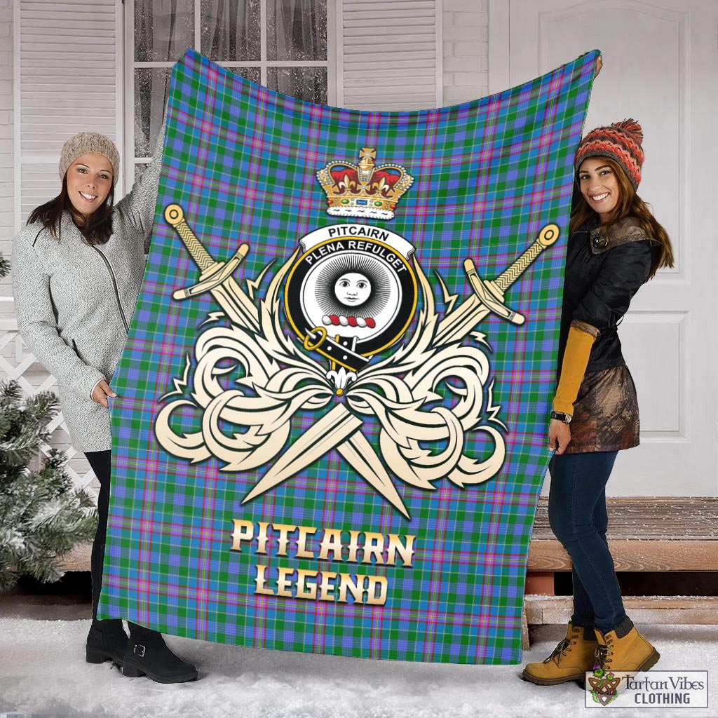 Tartan Vibes Clothing Pitcairn Hunting Tartan Blanket with Clan Crest and the Golden Sword of Courageous Legacy