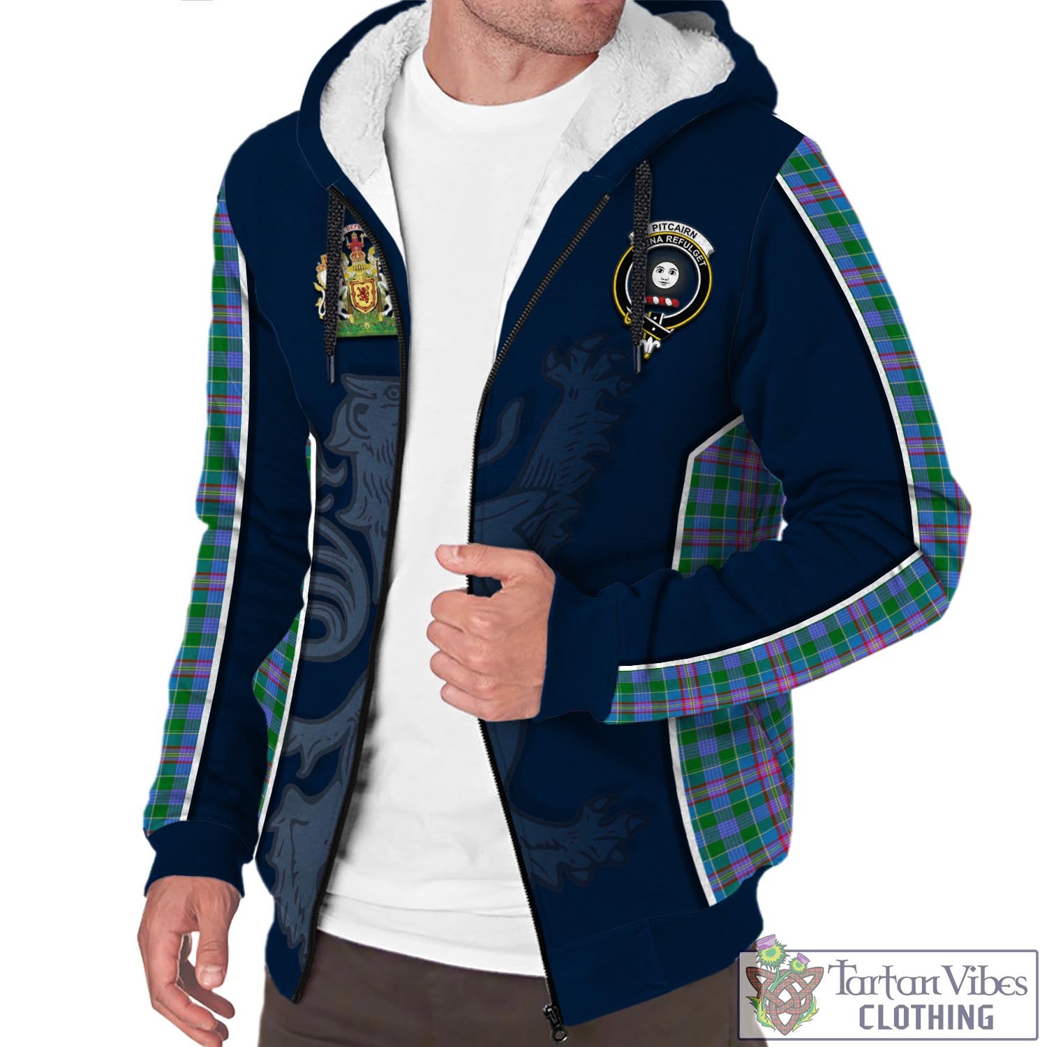 Tartan Vibes Clothing Pitcairn Hunting Tartan Sherpa Hoodie with Family Crest and Lion Rampant Vibes Sport Style