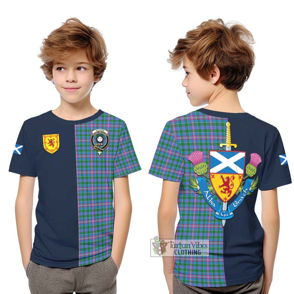 Pitcairn Tartan Kid T-Shirt Alba with Scottish Lion Royal Arm Half Style Youth XL Size14 - Tartan Vibes Clothing