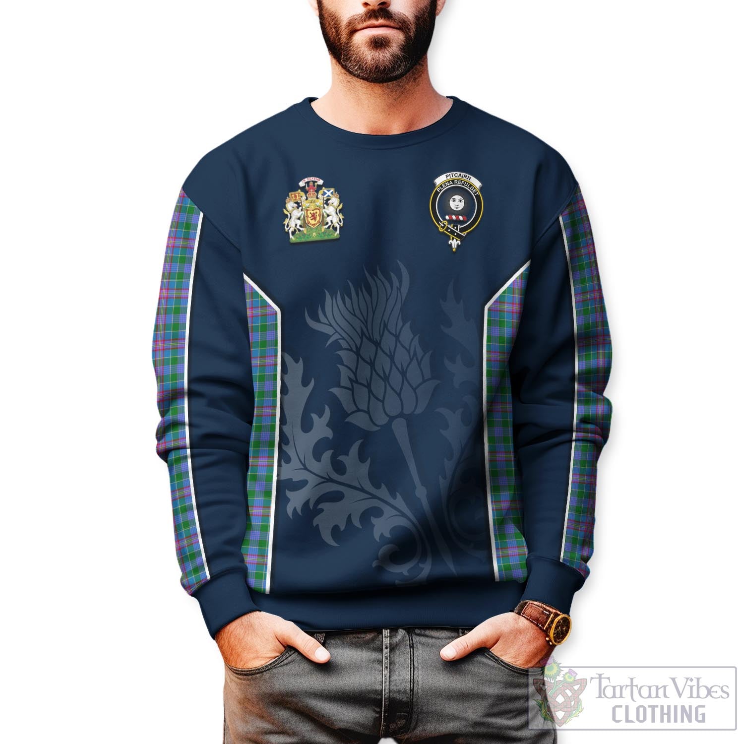 Pitcairn Tartan Sweatshirt with Family Crest and Scottish Thistle Vibes Sport Style Unisex - Tartan Vibes Clothing