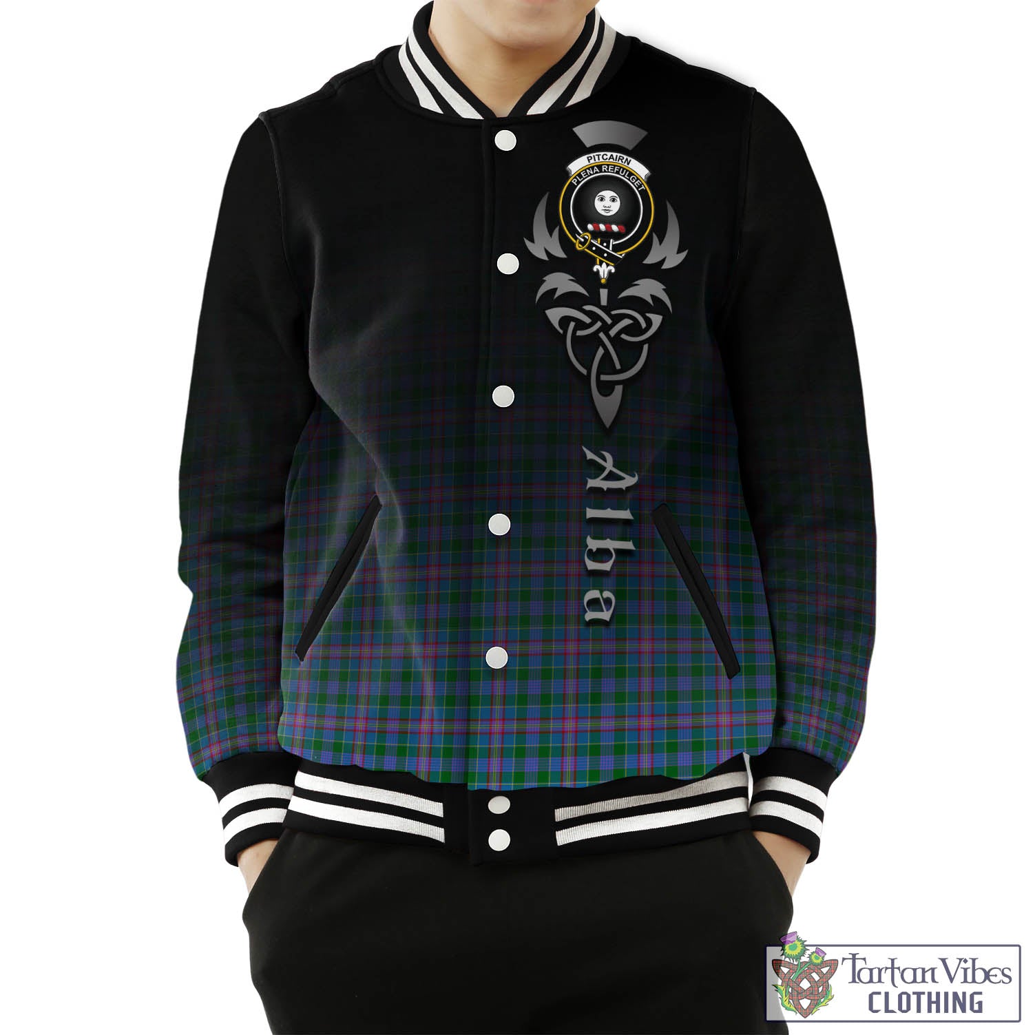 Pitcairn Tartan Baseball Jacket Featuring Alba Gu Brath Family Crest Celtic Inspired Unisex - Tartan Vibes Clothing