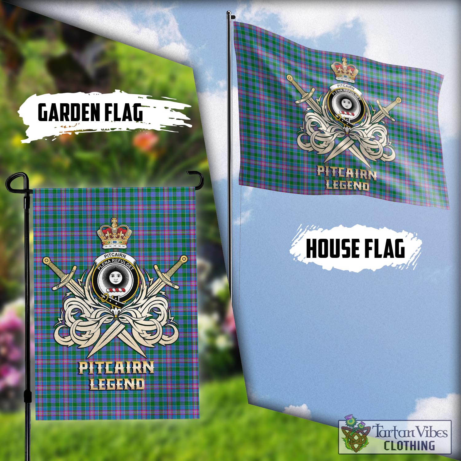 Tartan Vibes Clothing Pitcairn Hunting Tartan Flag with Clan Crest and the Golden Sword of Courageous Legacy