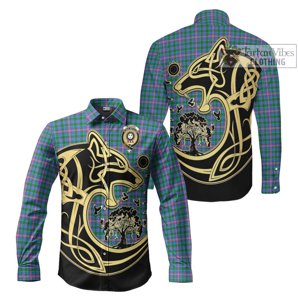 Pitcairn Tartan Long Sleeve Button Shirt with Family Crest Celtic Wolf Style Men's Shirt S - Tartan Vibes Clothing