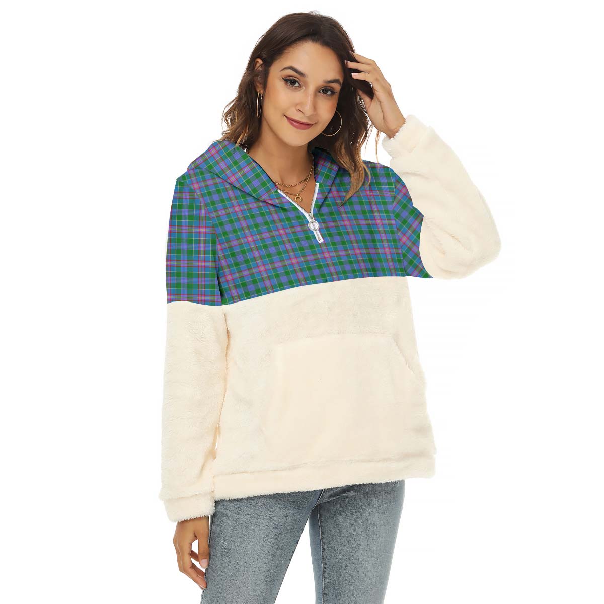 Pitcairn Tartan Half Style Women's Borg Fleece Hoodie with Half Zip Female - Tartan Vibes Clothing